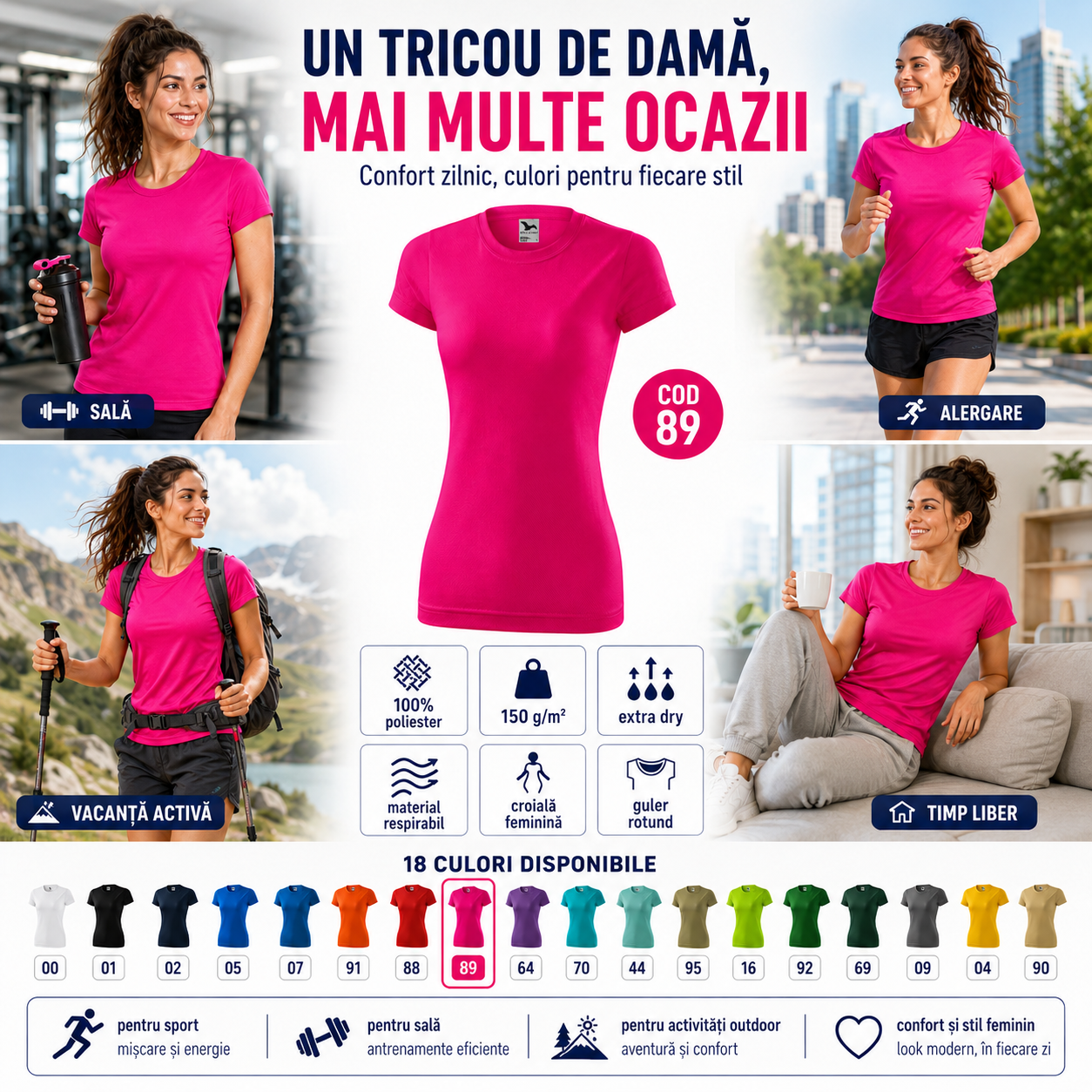 Beneficii tricou sport damă Extra Dry, material respirabil, croială cambrată și uscare rapidă